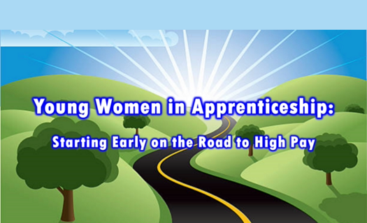 Young women in apprenticeship logo - trees with a winding road leading to the horizon