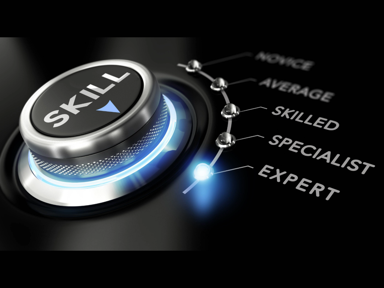 Knob with SKILL embossed on it and an arrow that points to different skill levels - Expert, Specialist, Skilled, Average, Novice