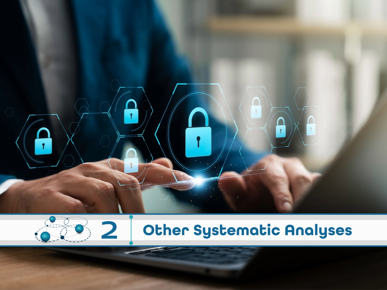 Hands typing at keyboard with images of digital padlocks floating above the keyboard