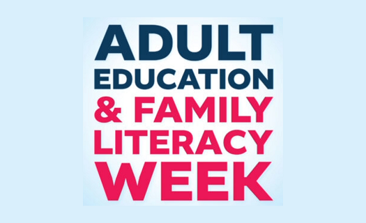 Adult Education & Family Literacy Week written in blue and pink font on a light blue background.