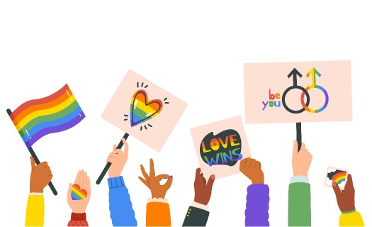 Illustration of diverse arms holding flags and signs in support of LGBTQIA+ people.