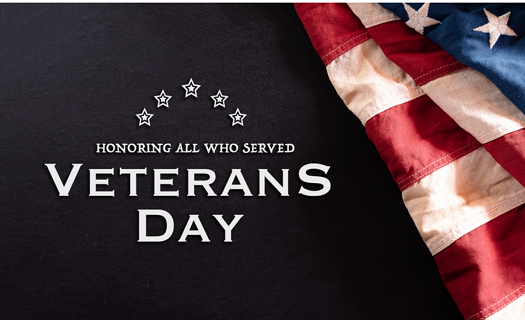Black background with American flag draped across the top right corner. In white, the text HONORING ALL WHO SERVED: VETERANS DAY.