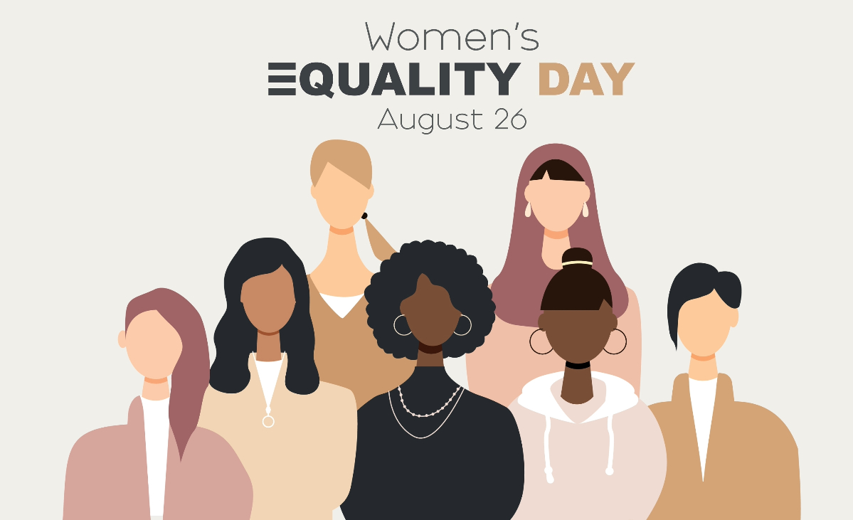 Illustration of diverse group of women with the words WOMEN'S EQUALITY DAY behind.