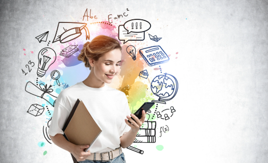 A young woman looking at a smartphone with job and academic possibilities projected behind her.