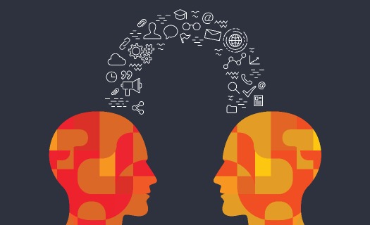 Two silhouettes of heads with an arc of symbols between them symbolizing information exchange