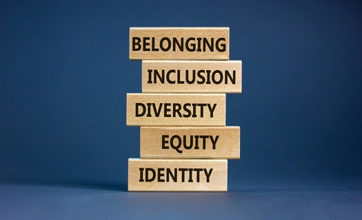 Stacked wooden blocks with the words BELONGING, INCLUSION, DIVERSITY, EQUITY, AND IDENTITY printed in black letters.