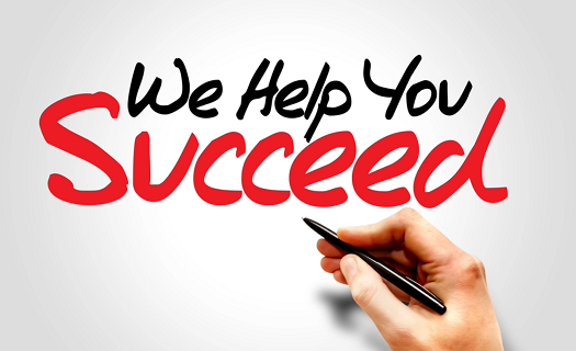 A stylized whiteboard with WE HELP YOU SUCCEED written in black and red. A hand with a pen is poised nearby.