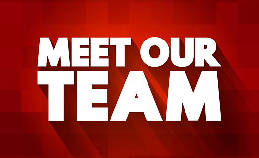 The words MEET OUR TEAM in bold white font on a red background.