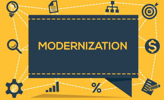 The word MODERNIZATION on a yellow field with workplace icons surrounding the text.