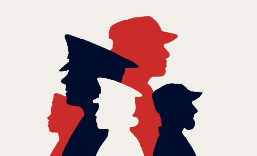 Silhouettes of service members in red, navy blue, and white.