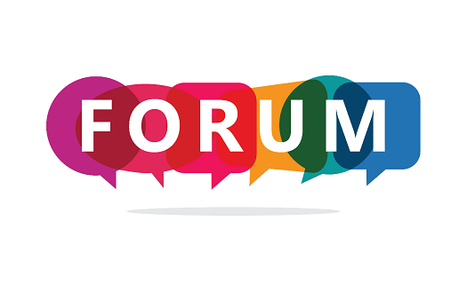 The word FORUM spelled out over multicolored speech balloons.