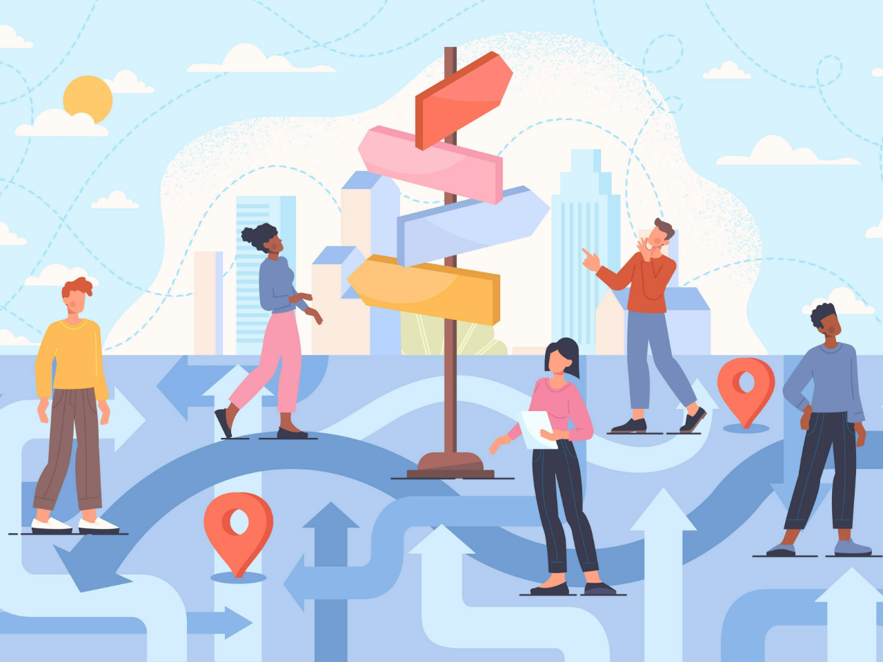 Diverse people standing around signposts pointing in different directions