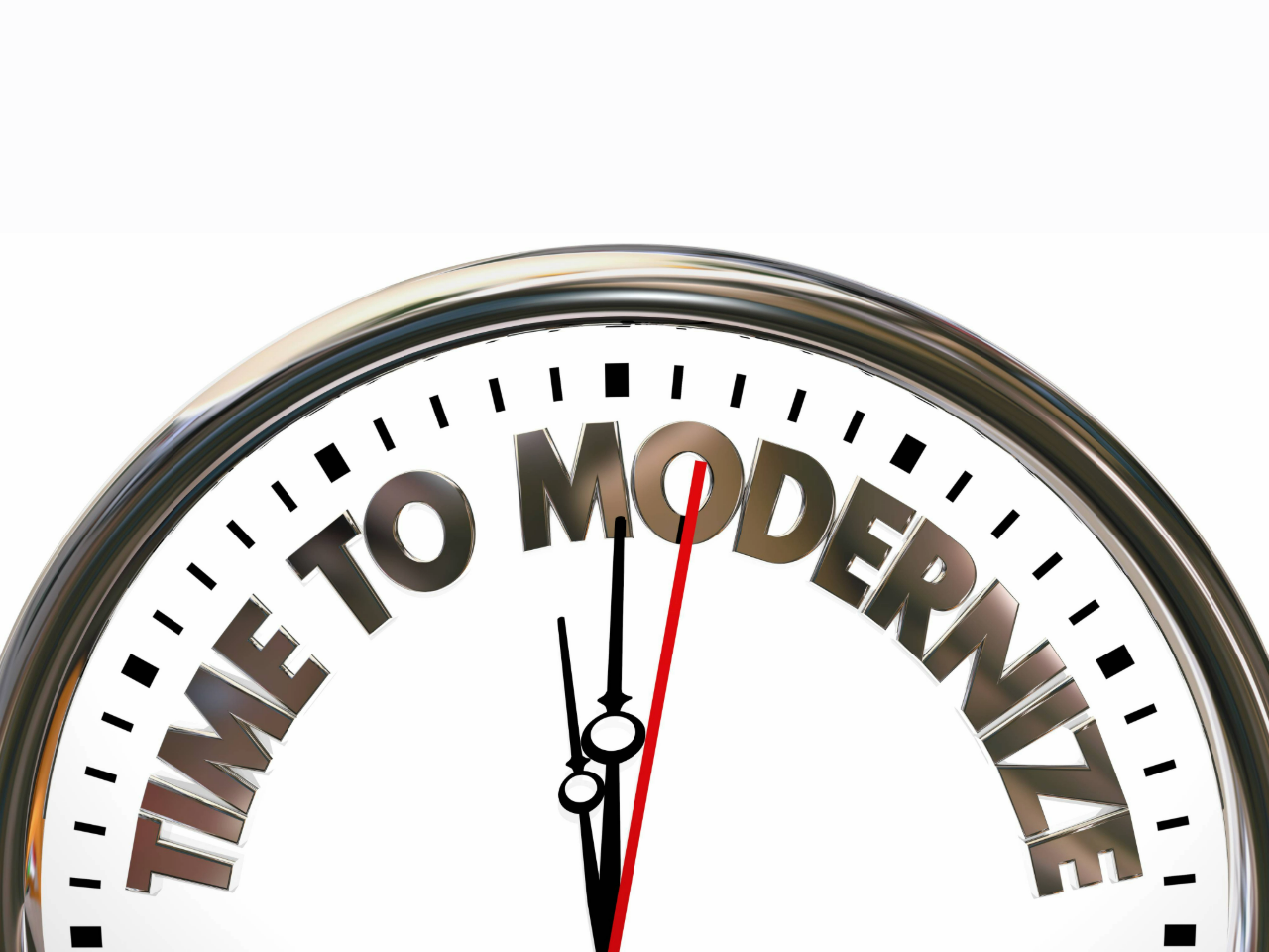 Illustration of stopwatch with no numbers, words that read "Time to Modernize"