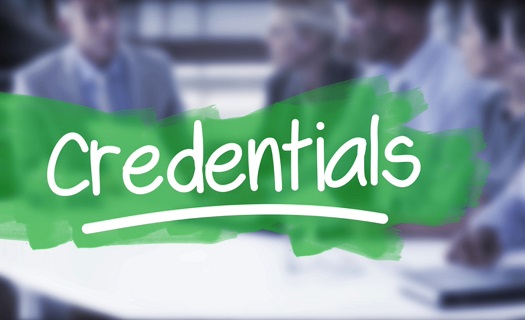 The word CREDENTIALS written in white text over a transparent green scribble with an office setting visible behind.